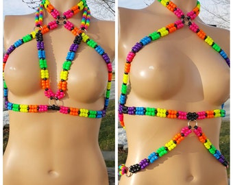 2 way black & rainbow kandi harness, kandi bra,rave harness,rave bra,pride harness,pride top,pride outfit,edc outfit,rave outfit,rainbow bra