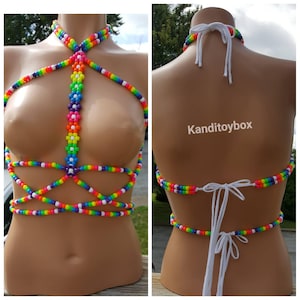 Universal rainbow kandi harness, rave outfit, edc outfit, kandi bra, kandi outfit, pride outfit,rave harness,rave top,rainbow harness,edc image 4