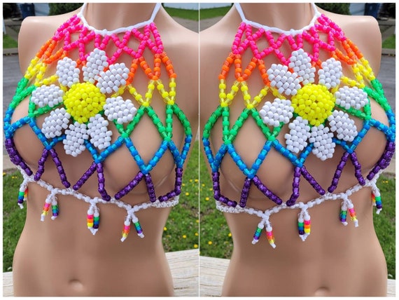Rainbow Flower Kandi Halter,rave Outfit, Rave Bra,festival Outfit