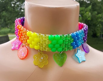 Rainbow glitter charm kandi choker,kandi necklace,kawaii choker,kawaii necklace,rainbow choker,rainbow necklace,charm choker,charm necklace