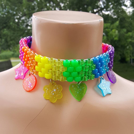 Rainbow glitter charm kandi choker kandi necklace kawaii choker kawaii necklace rainbow choker rainbow necklace charm choker charm necklace