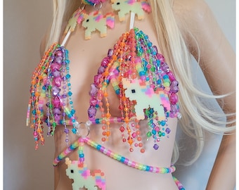 Glow unicorn kandi bra,rave outfit, rave wear,edc outfit,edc bra, unicorn bra, unicorn outfit, pride outfit,pride costume,rainbow unicorn