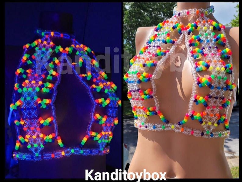 May include: A halter-style top constructed from clear and multi-colored neon plastic beads, featuring a high neck and a cut-out design. The beads glow under ultraviolet light, and the text Kanditoybox is visible on the image.