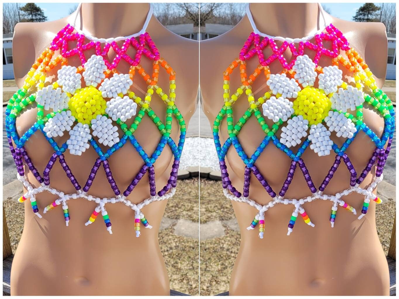 Rainbow Flower Kandi Halter,rave Outfit, Rave Bra,festival Outfit,festival  Costume, Kandi Bra,flower Halter,crochet Top Hippie Top,bead Top -   Norway