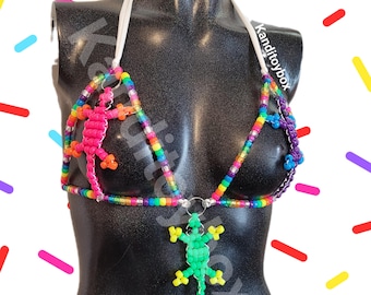Lizard Kandi Bra Harness, Glow Blacklight Pony Beads, Rave Outfit Accessory
