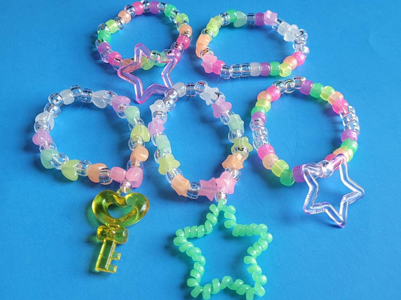Pastel Kandi Bracelet Set, Kawaii Bracelets, Glow in the Dark Bracelets,  Key Bracelet, Heart Bracelet, Star Bracelet, Rave Bracelets,edc 