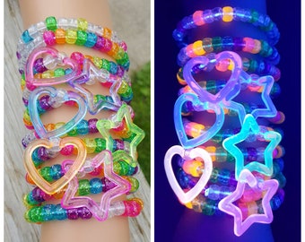 UV Reactive Kandi Bracelet: Rainbow Glitter Hearts & Stars