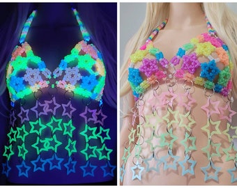 Glow in the dark star kandi harness,festival outfit,rave outfit,kandi bra,rave clothing,rave clothes,gogo outfit,festival top, kandi harness