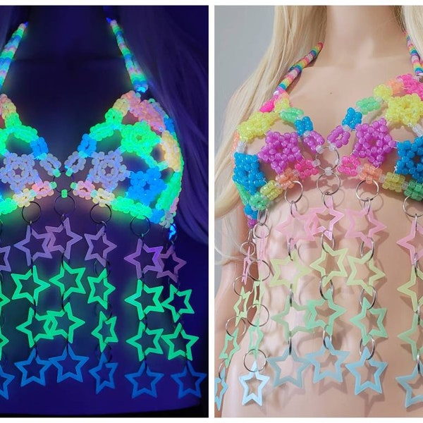Glow in the dark star kandi harness,festival outfit,rave outfit,kandi bra,rave clothing,rave clothes,gogo outfit,festival top, kandi harness