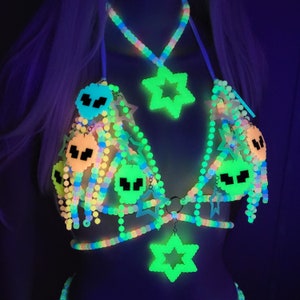Glow in the dark alien kandi charm bra,festival outfit,rave outfit,charm bra,rave clothing,rave clothes,gogo outfit,festival top,harness