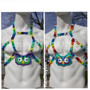 Peut inclure: Deux harnais de corps compos&eacute;s de perles en plastique color&eacute;es reli&eacute;es par des anneaux en m&eacute;tal argent&eacute;. Chaque harnais pr&eacute;sente un pendentif central en forme de hibou fait de perles &agrave; repasser pixelis&eacute;es aux motifs verts, violets, bleus et orange.