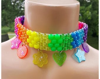 Rainbow Glitter Charm Kandi Choker: Kawaii Rave Necklace