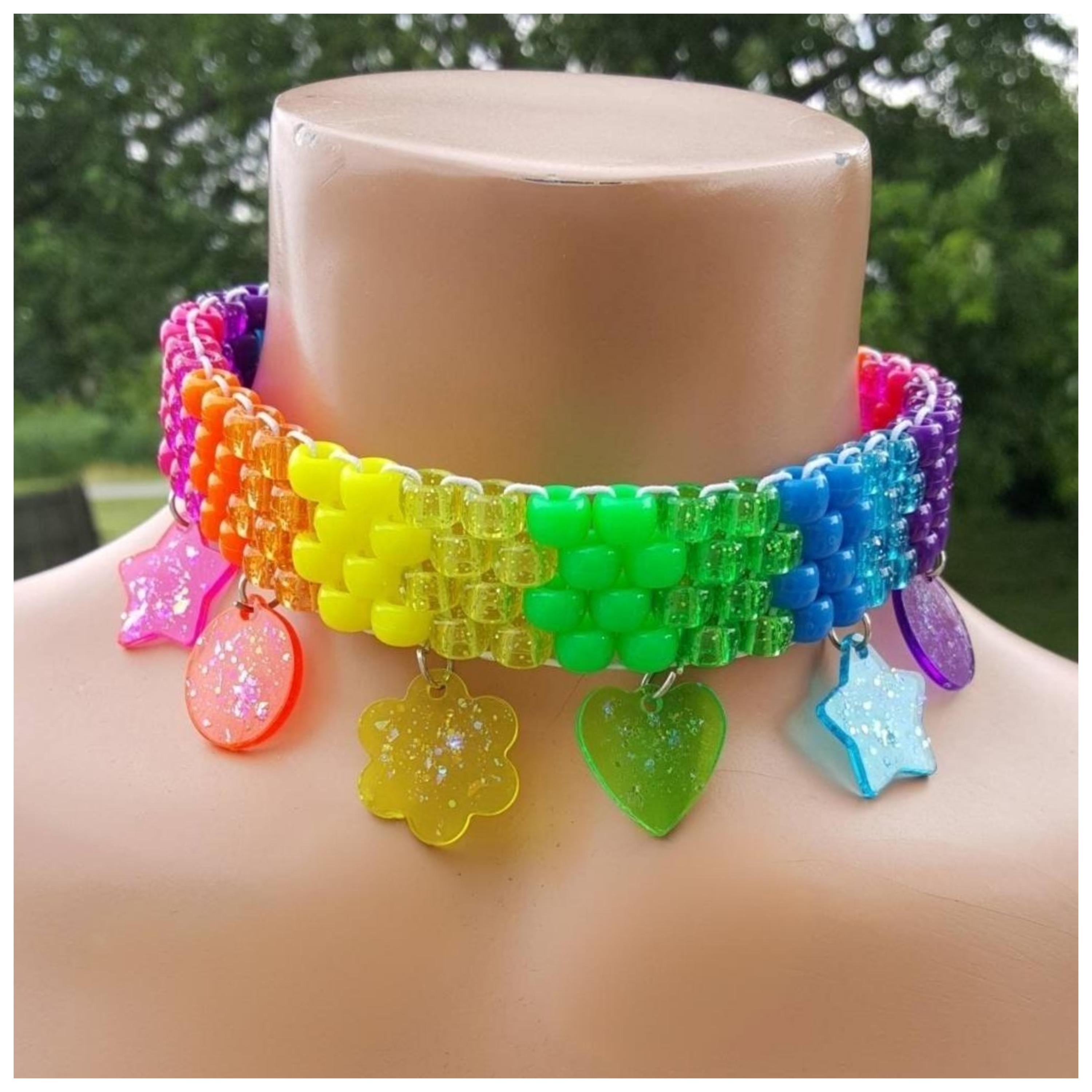 Rainbow Glitter Charm Kandi Choker: Kawaii Rave Necklace - Etsy 日本