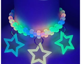 Glow-in-the-Dark Star Kandi Choker: Rainbow Rave Necklace