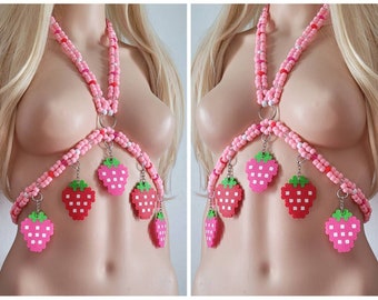 Strawberry kandi harness,Strawberry outfit,Strawberry rave outfit,Strawberry harness,beaded harness,kandi bra,rave harness,rave outfit,edc