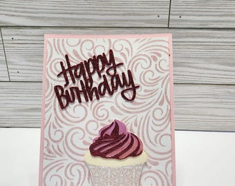 Happy Birthday Cupcake card - pink glitter
