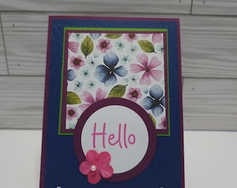 Floral Hello Card: Burgundy and Blue Cardstock, Handmade