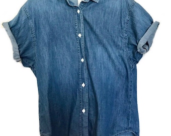 GAP 1969 Cotton Denim Chambray Button-down Shirt Size L Tall Cuffed Cap Sleeve