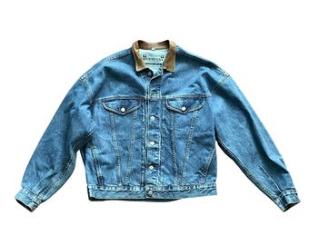 Guess Marciano Vintage Denim Trucker Jacket XL Leather Collar Oversized