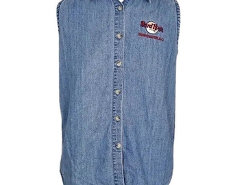 Vintage Y2K 90s Hard Rock Cafe Sleeveless Denim Shirt Sz XL Button Front