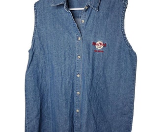 Vintage Y2K Hard Rock Cafe Sleeveless Denim Shirt Sz XL Button Front Orlando