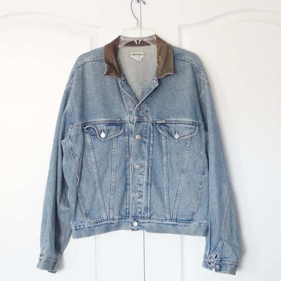 Vintage 80s 90s Guess Jeans Denim Leather Collar Trucker Image 0