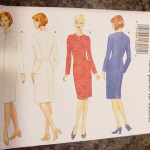 May include: A sewing pattern for a dress with three different styles. The pattern is from Butterick and is for size 6. The pattern includes instructions for a white dress, a red floral dress, and a blue dress.