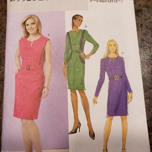 May include: A sewing pattern for a dress with three different styles. The pattern is for sizes 6-8-10-12 and is from Butterick. The dress is shown in pink, green, and purple.
