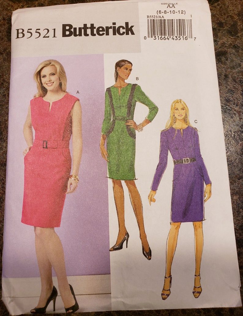 May include: A sewing pattern for a dress with three different styles. The pattern is for sizes 6-8-10-12 and is from Butterick. The dress is shown in pink, green, and purple.