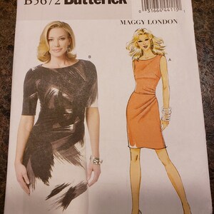May include: A sewing pattern for a dress, featuring two different styles. The pattern is for sizes 16-18-20-22 and is from Butterick. The pattern is called "Maggy London".