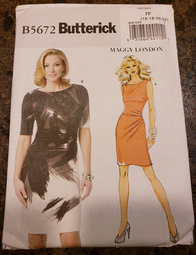 May include: A sewing pattern for a dress, featuring two different styles. The pattern is for sizes 16-18-20-22 and is from Butterick. The pattern is called "Maggy London".