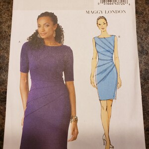 May include: A sewing pattern for a dress, featuring two different styles. The pattern is for sizes 6-8-10-12 and is from Butterick. The pattern is called "Maggy London" and the model is wearing a purple dress.