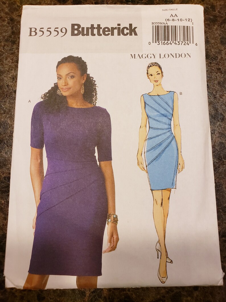 May include: A sewing pattern for a dress, featuring two different styles. The pattern is for sizes 6-8-10-12 and is from Butterick. The pattern is called "Maggy London" and the model is wearing a purple dress.