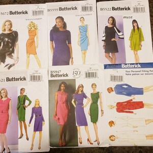 May include: A collection of six sewing patterns for dresses, featuring different styles and designs. The patterns are from Butterick, a well-known sewing pattern company. The patterns are for sizes 12-14, 16-18, and 18-20.