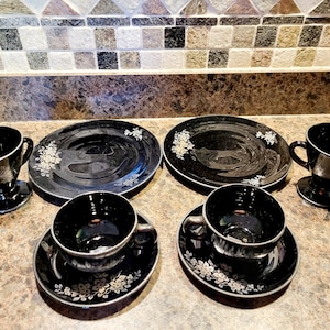 Beautiful Vintage Hazel Atlas Black with Sterling Silver Etched Dishes in Floral Sterling Pattern - Choice