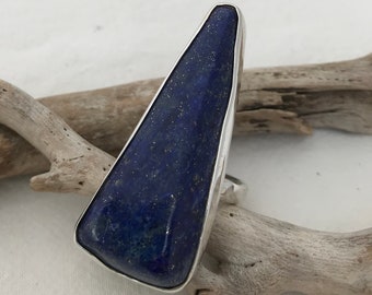 Large Lapis Lazuli with Pyrite Speckles Statement Ring in a Silver Argentium Setting