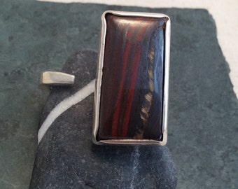 Rectangular stunning red tigers eye ring with unusual open shank
