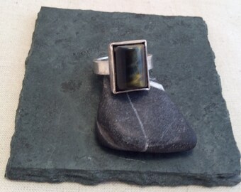 Rectangular grade 'A' blue tigers eye and sterling silver ring.