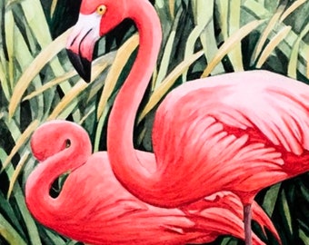 The Expectant Couple, archival, limited and numbered giclee of my flamingo couple