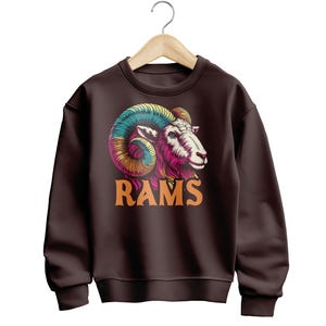 May include: A brown sweatshirt with a colorful ram illustration and the word "RAMS" in orange text.