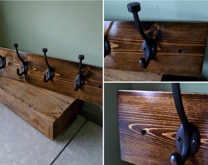 Pine Wood Coat Rack Dark Polished Stain 4 Brushed Bronze Etsy