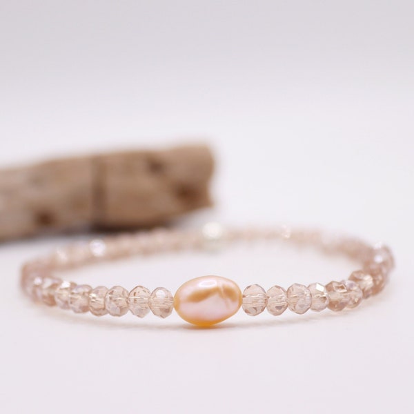 Bracelets pailletés en perles de verre facettées avec perles d'eau douce de couleur abricot