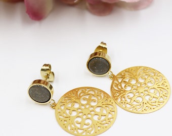 Earrings, gold-plated, "Mandala" with Polaris plug