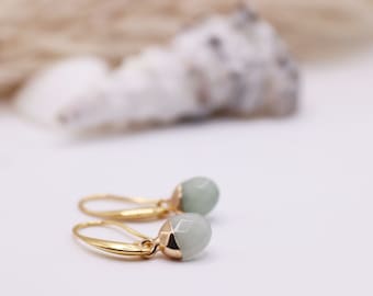 Hanging earrings, gold-plated with a small drop in sage green