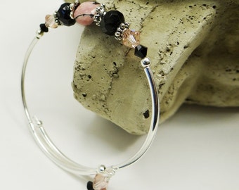 Stacking Bracelet, Bangle Bracelet, Pink Semi Precious Bracelet, Black Bracelet, Crystal Bracelet, Black ad Pink Bracelet, Silver Bracelet