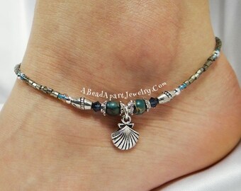 Anklet Ankle Bracelet, Sea Shell Anklet, Blue Anklet, Beach Anklet, Beach Jewelry, Crystal Anklet Jasper Anklet Beaded Anklet Shell Bracelet