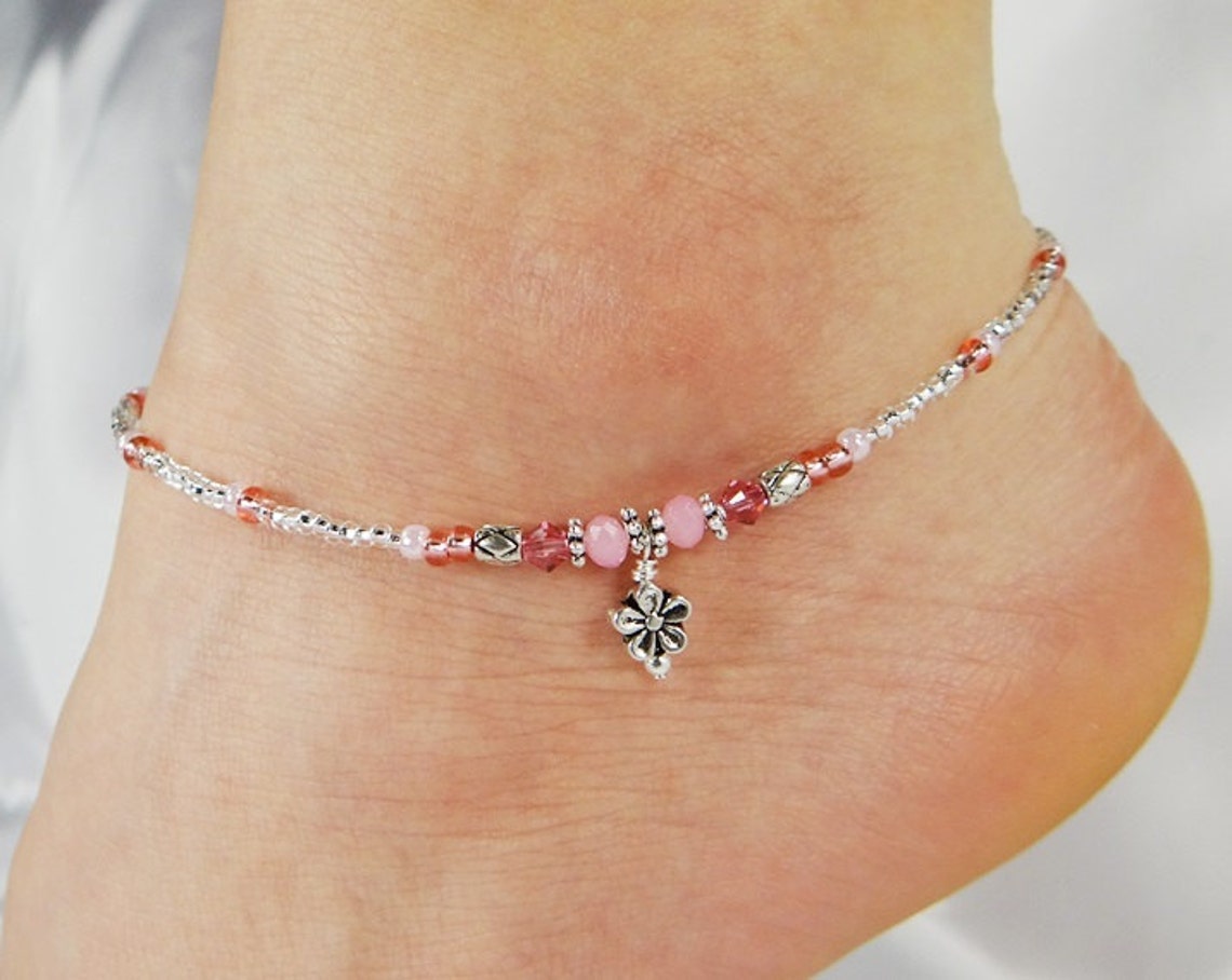 Anklet Ankle Bracelet Flower Anklet Pink Anklet Minimalist Etsy