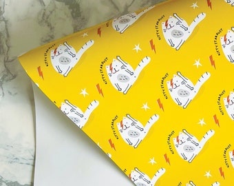 cat gift wrap, funny kitty stardust wrapping paper
