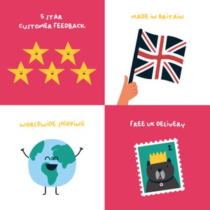 May include: A graphic illustration of five yellow stars with smiling faces, a Union Jack flag being held by a hand, a cartoon earth with a smiling face, and a green postage stamp with a black cat wearing a crown and a red heart.