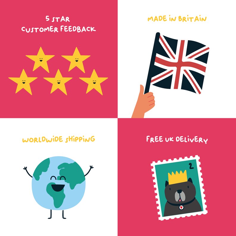 May include: A graphic illustration of five yellow stars with smiling faces, a Union Jack flag being held by a hand, a cartoon earth with a smiling face, and a green postage stamp with a black cat wearing a crown and a red heart.